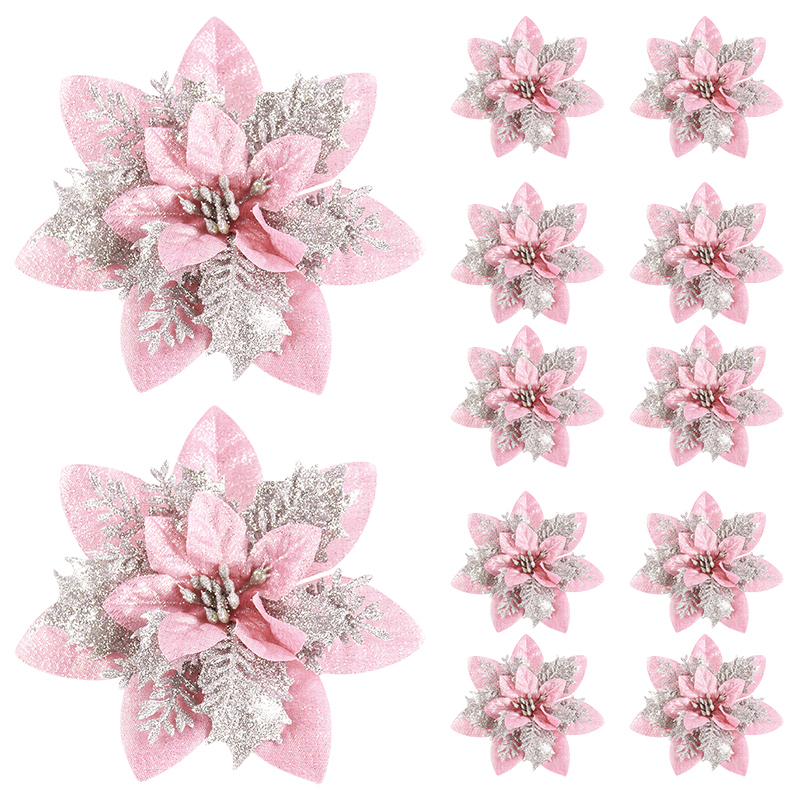Home Decor Trends 2025 - 5/10Pcs Glitter Pink Christmas Flowers Xmas