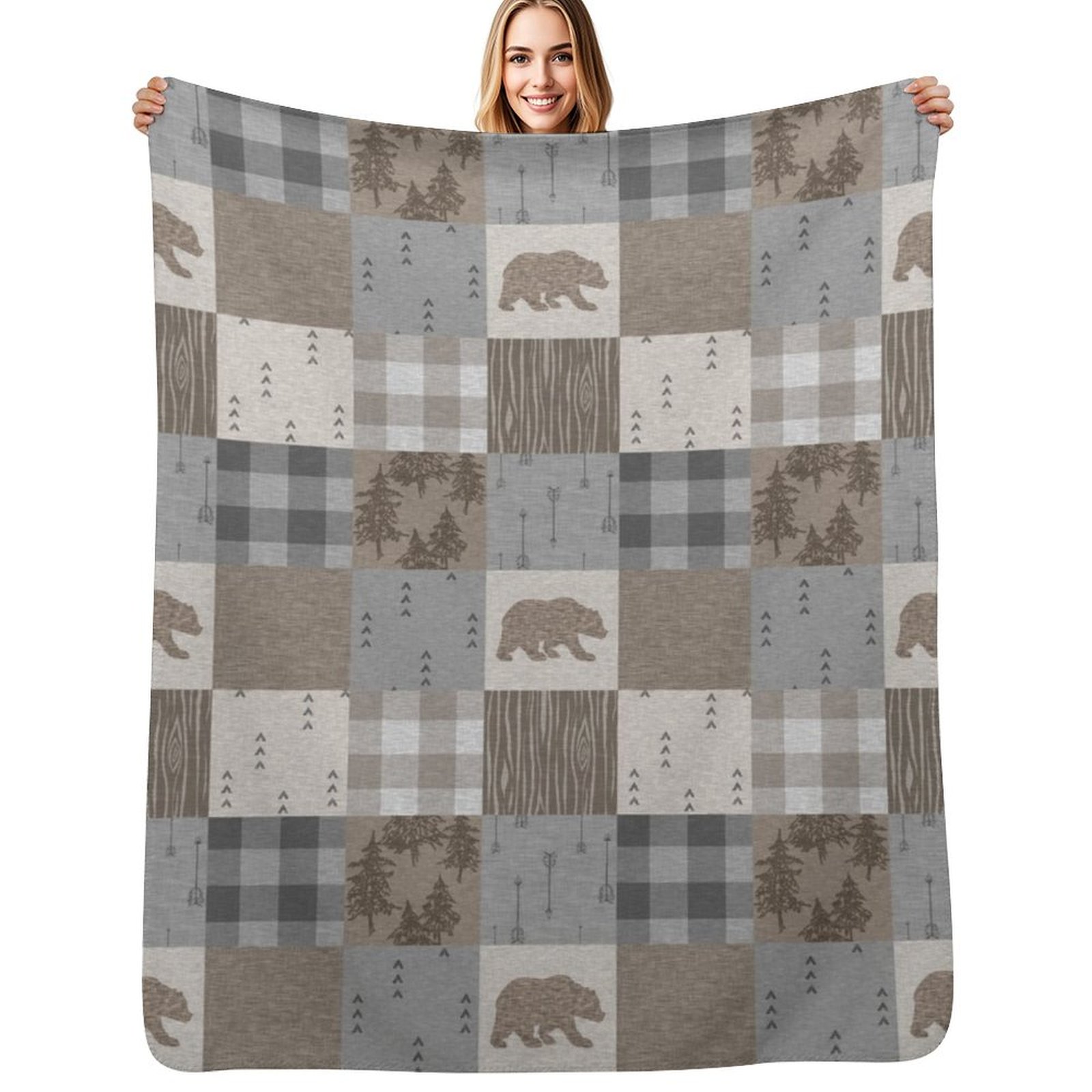 Neutral Throw Blanket - Bear Patchwork - Rustic Neutrals Throw