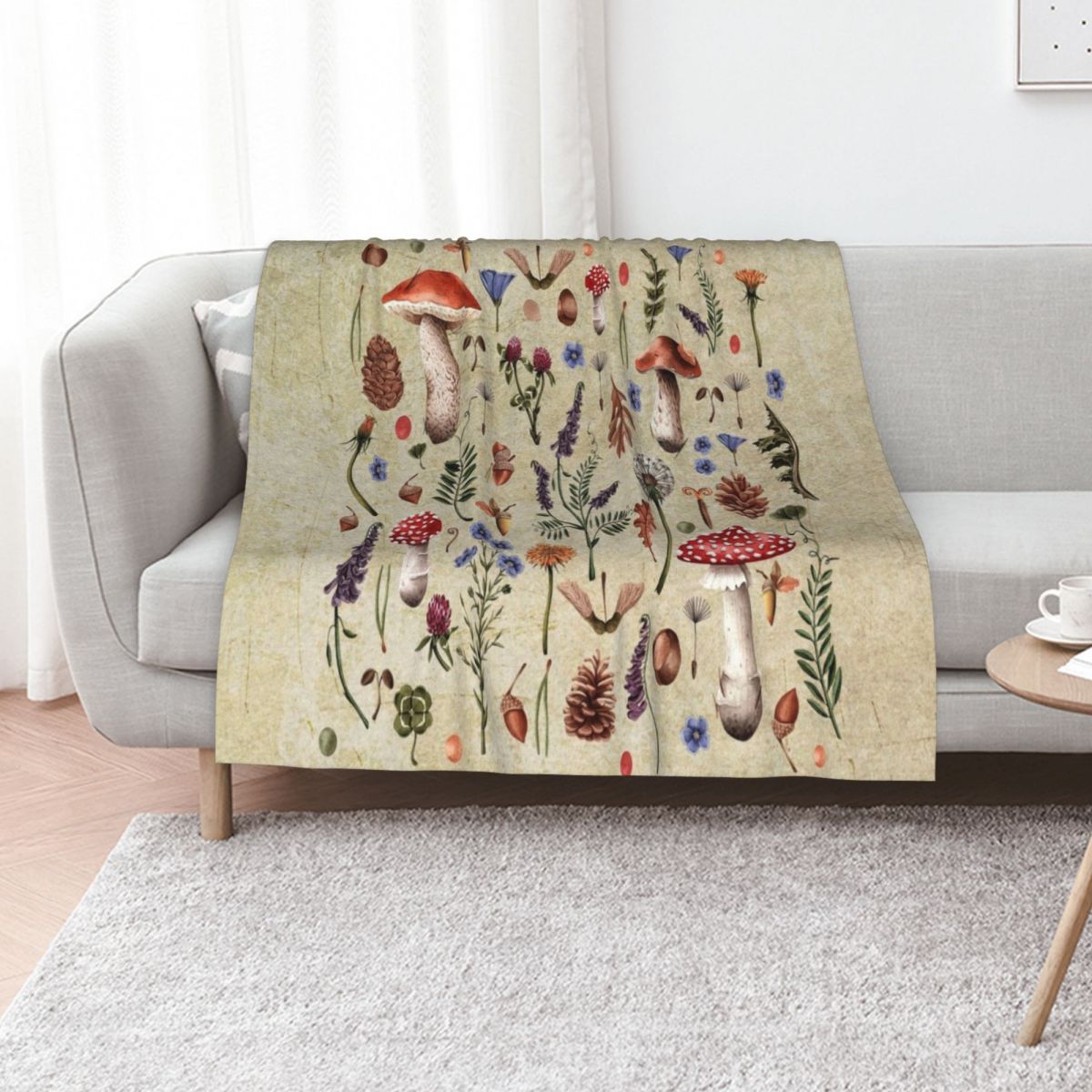 Neutral Throw Blanket - Retro botanical mushrooms, wildflowers d??cor, neutral