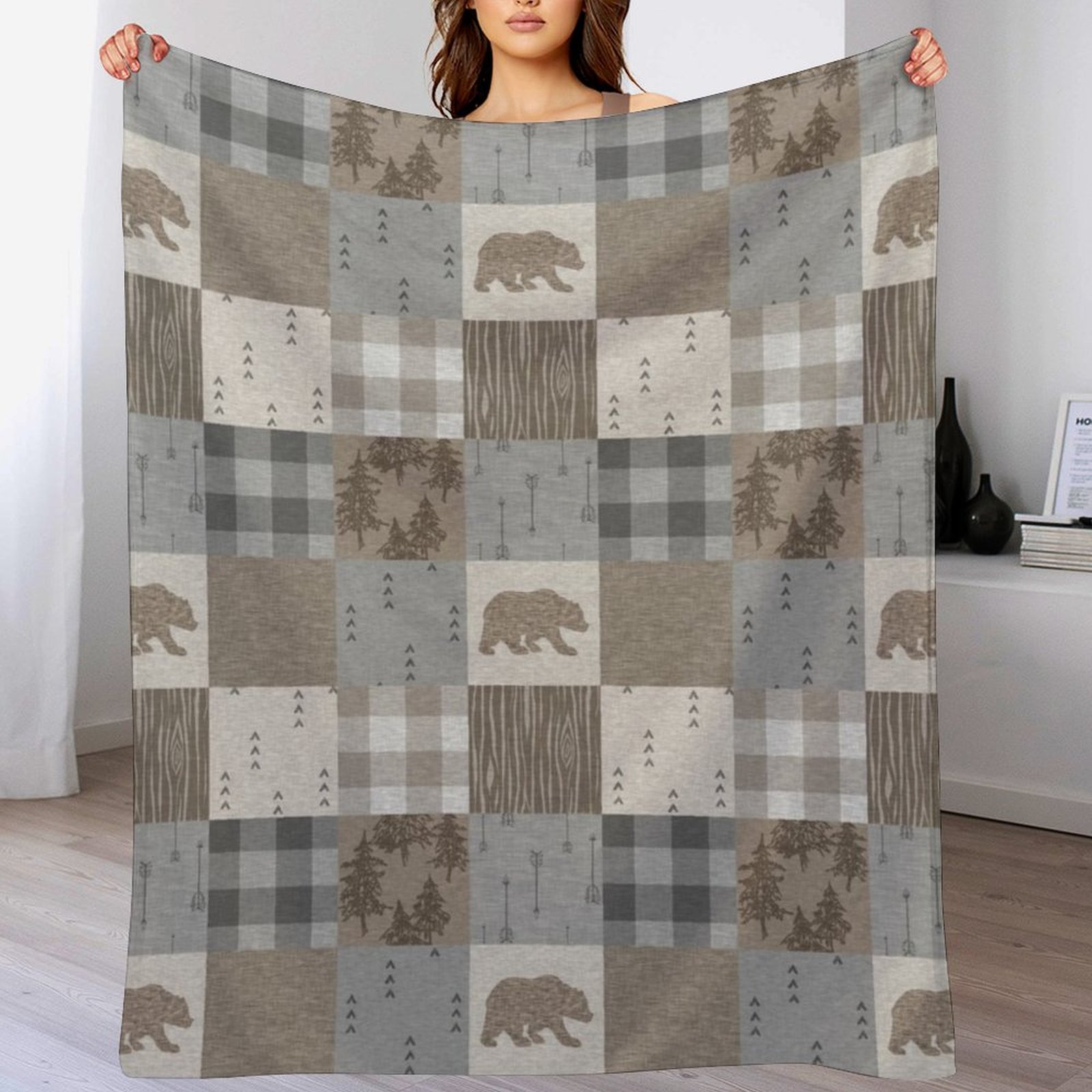 Bear Patchwork - Rustic Neutra - Neutral Throw Blanket 评论和价格