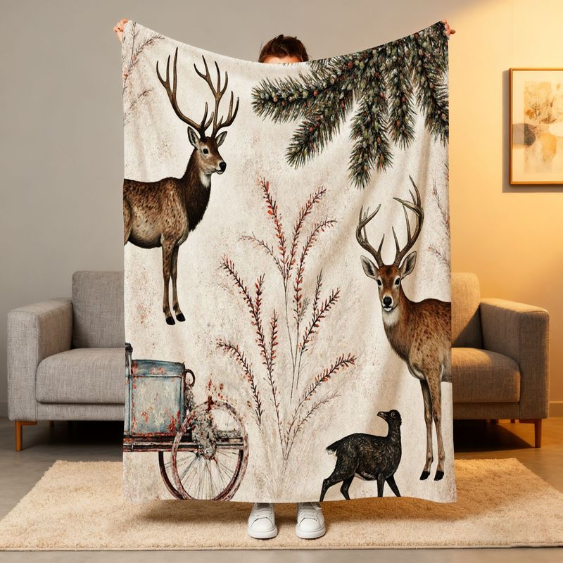 Rustic Winter Deer & Blue Cart - Neutral Throw Blanket 评论和价格