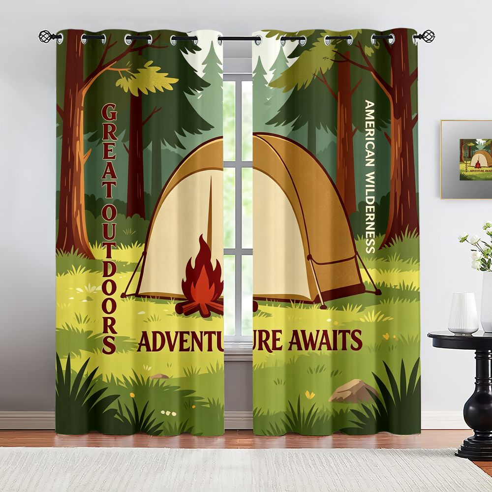 Camping Scene Print Curtains,  - Home Decor Curtain 评论和价格
