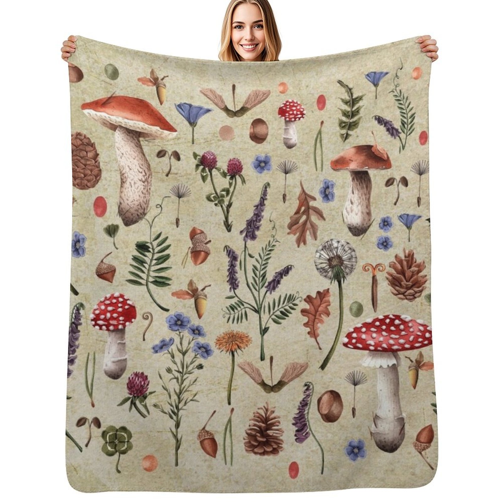 Retro botanical mushrooms, wil - Neutral Throw Blanket 评论和价格