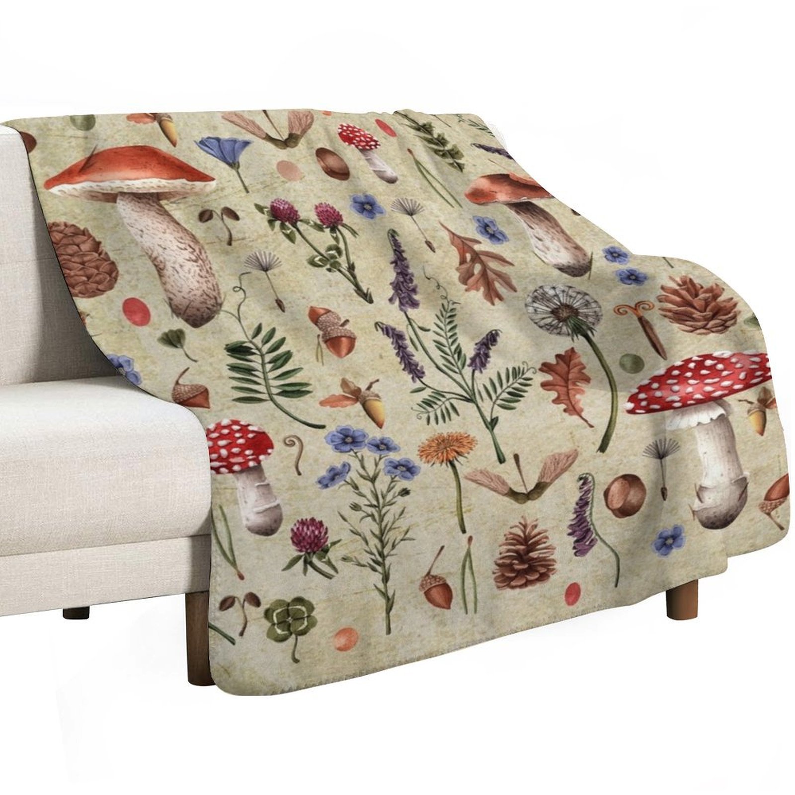 Retro botanical mushrooms, wil - Neutral Throw Blanket 评论和价格