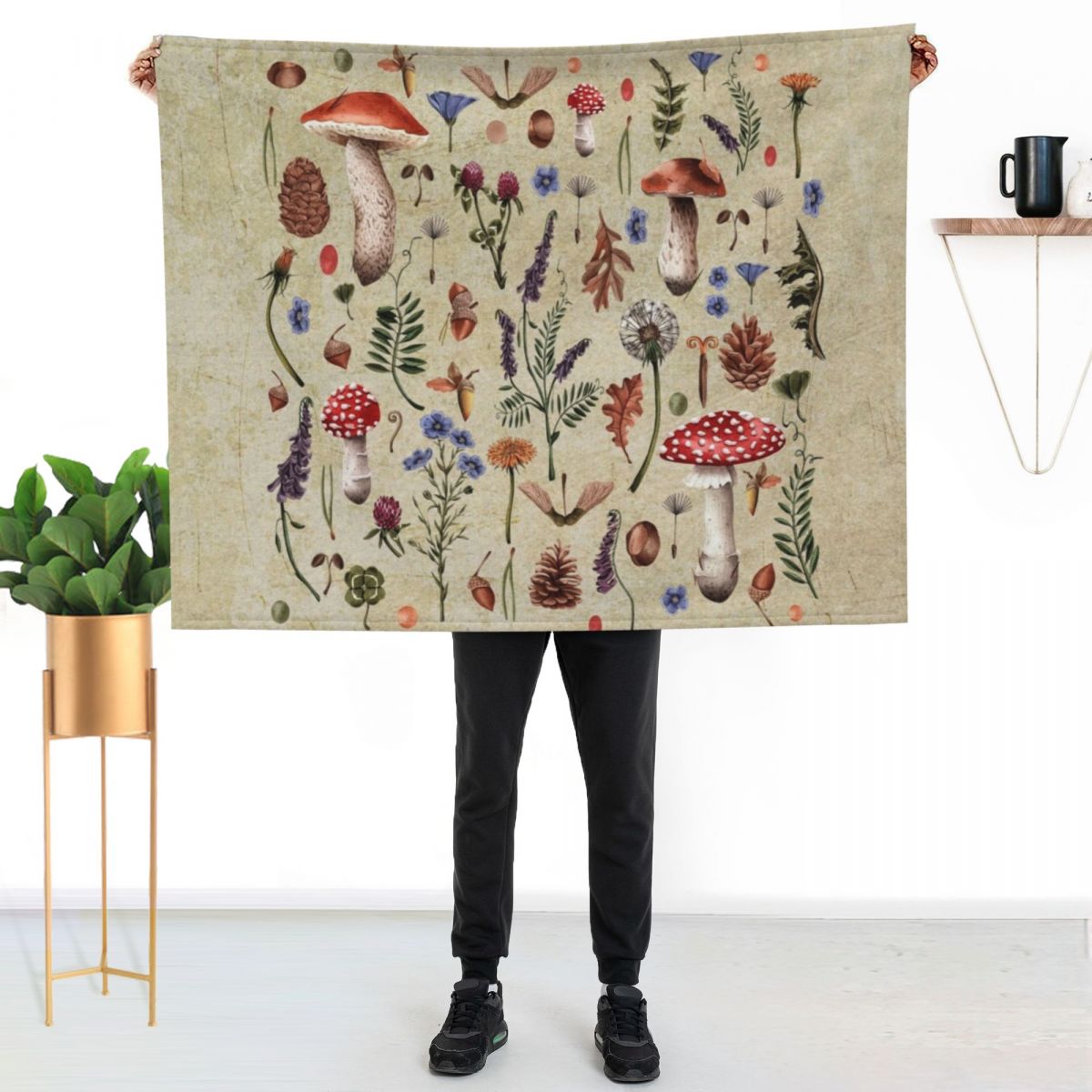 Retro botanical mushrooms, wil - Neutral Throw Blanket 评论和价格