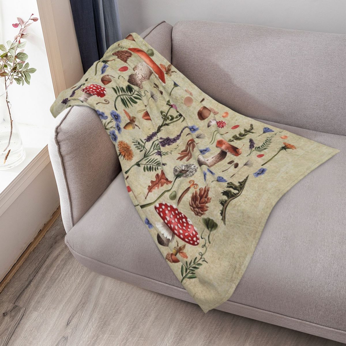 Retro botanical mushrooms, wil - Neutral Throw Blanket 评论和价格