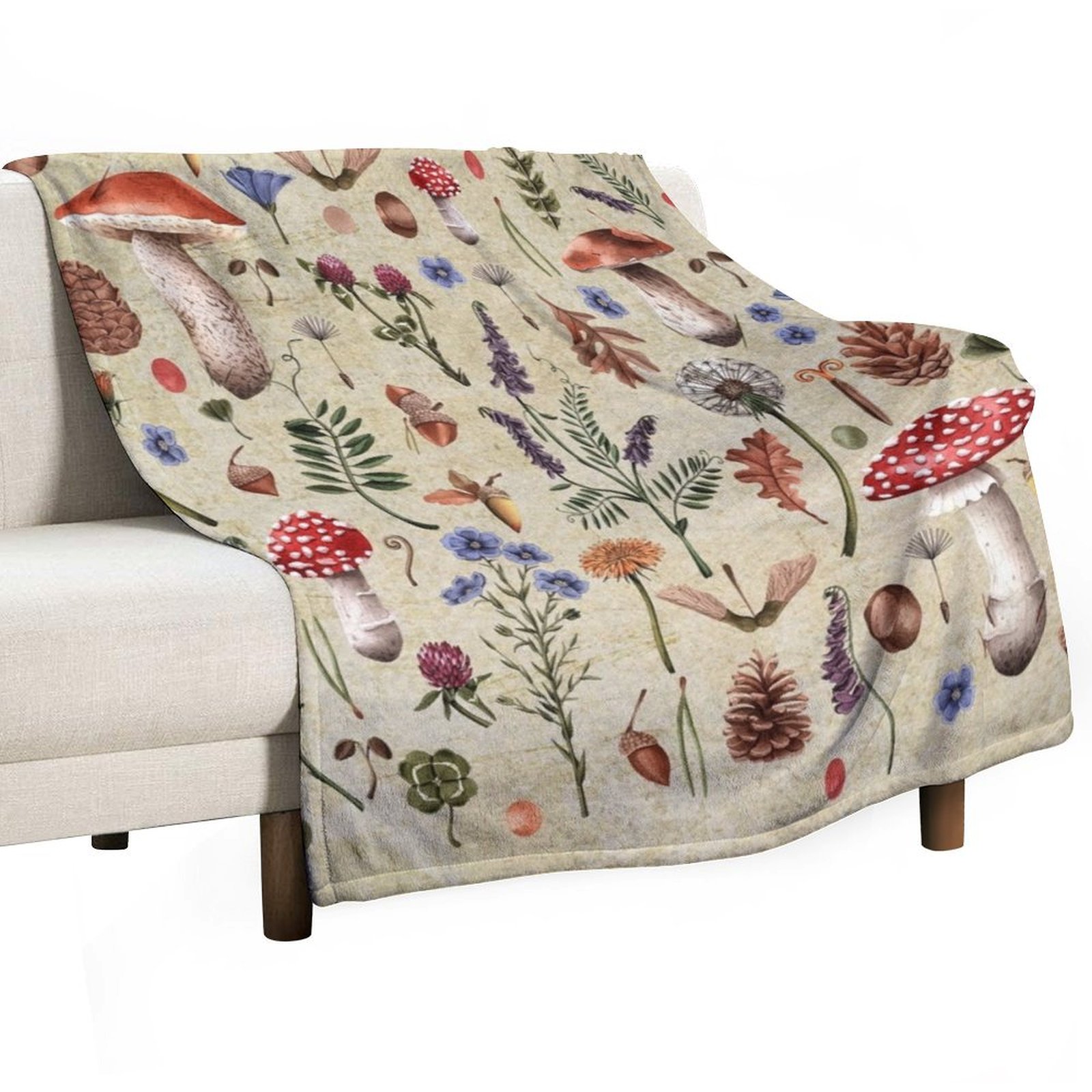 Retro botanical mushrooms, wil - Neutral Throw Blanket 评论和价格