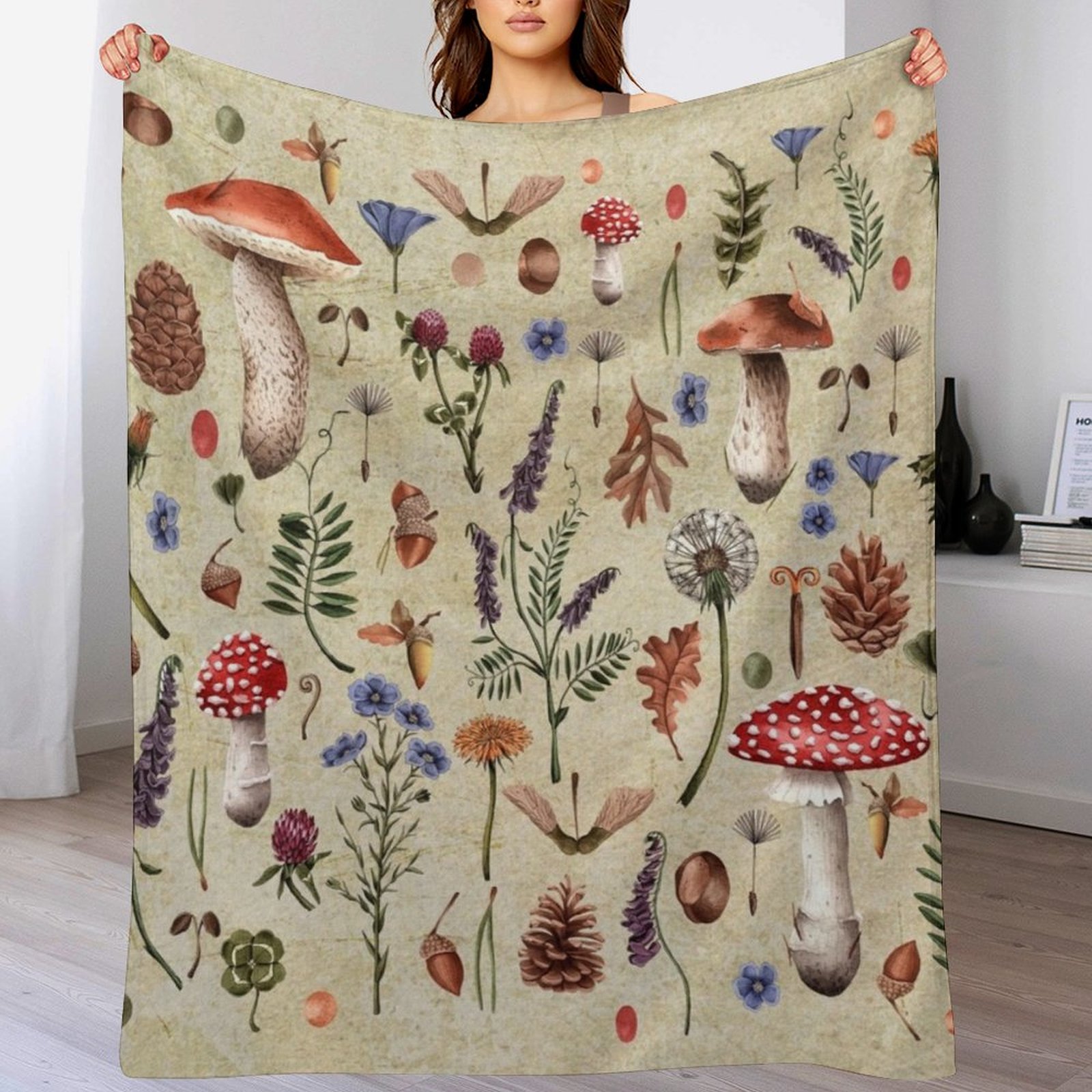 Retro botanical mushrooms, wil - Neutral Throw Blanket 评论和价格